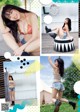 A collage of photos of a woman in a bikini and shorts.