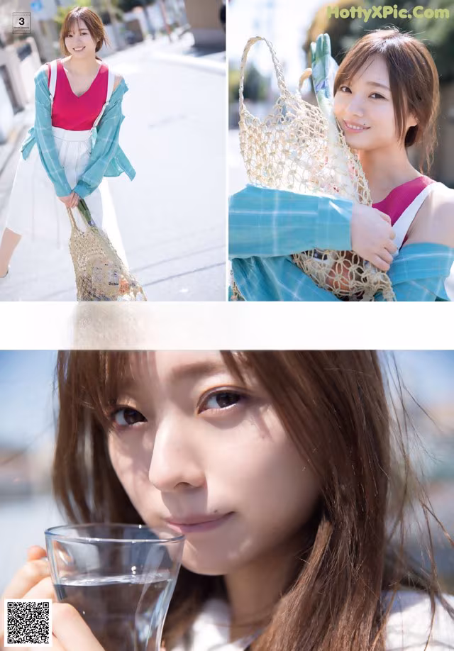 A woman holding a glass of water and a bag.