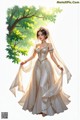 A woman in a wedding dress standing under a tree.