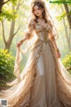 A woman in a wedding dress standing in the woods.