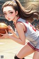 A girl holding a basketball on a basketball court.