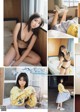 A collage of photos of a woman in lingerie posing on a bed.